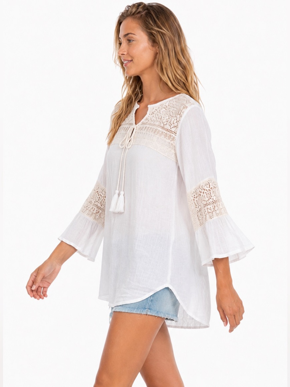 Monoreno NWT 100% Cotton White Crochet Lace Boho Tunic Top Large Cottagecore